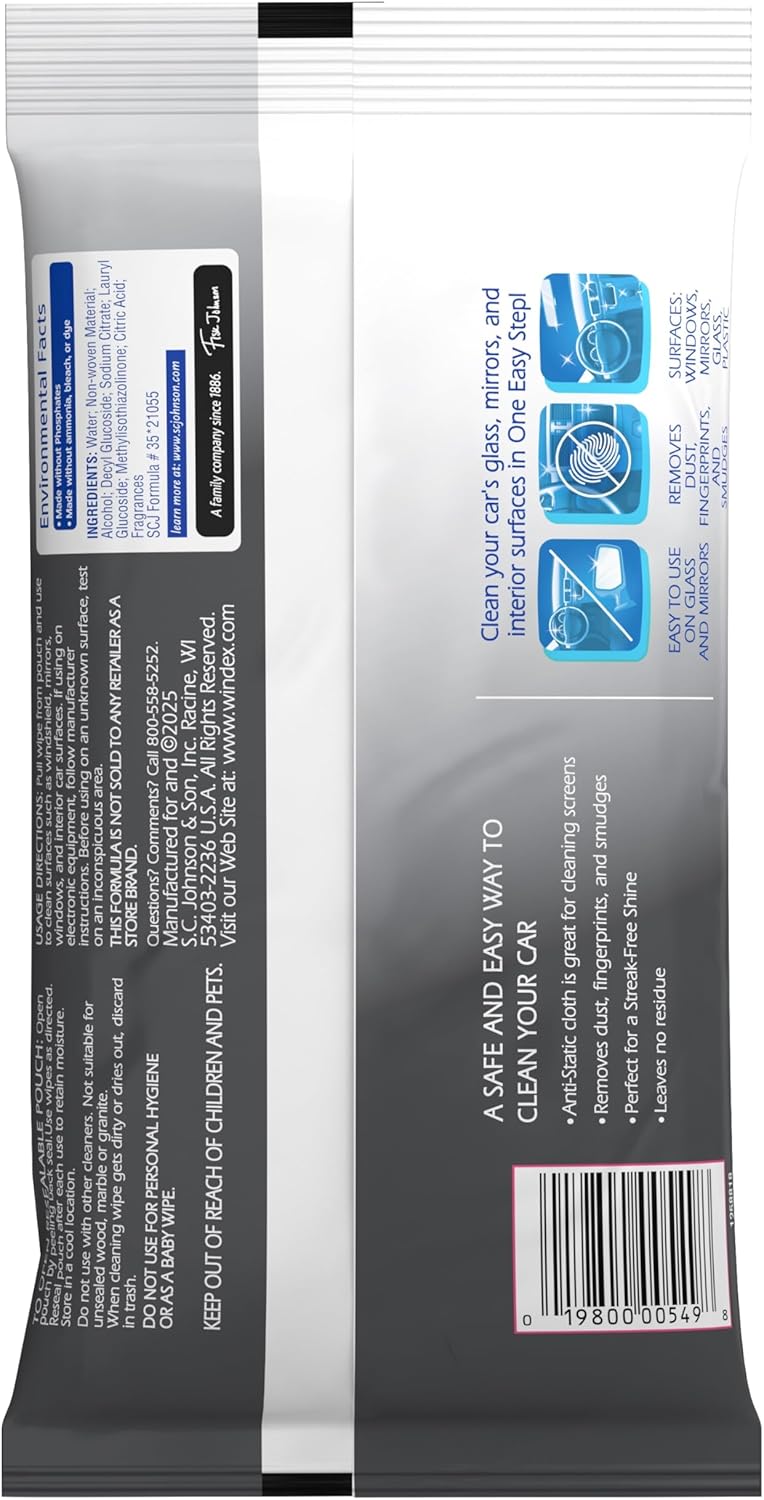 Windex Auto Wipes for Car Windows, Mirrors and Screens, Pre-Moistened Car Cleaner Wipes for Quick Streak-Free Shine, Guaranteed Safe for Tinted Windows and Electronics, 25 count (Pack of 1) - Image 5